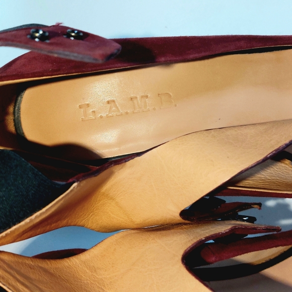 L.A.M.B. Burgundy suede Blade T-strap stiletto platform pumps, 9.5, never worn - Picture 13 of 16